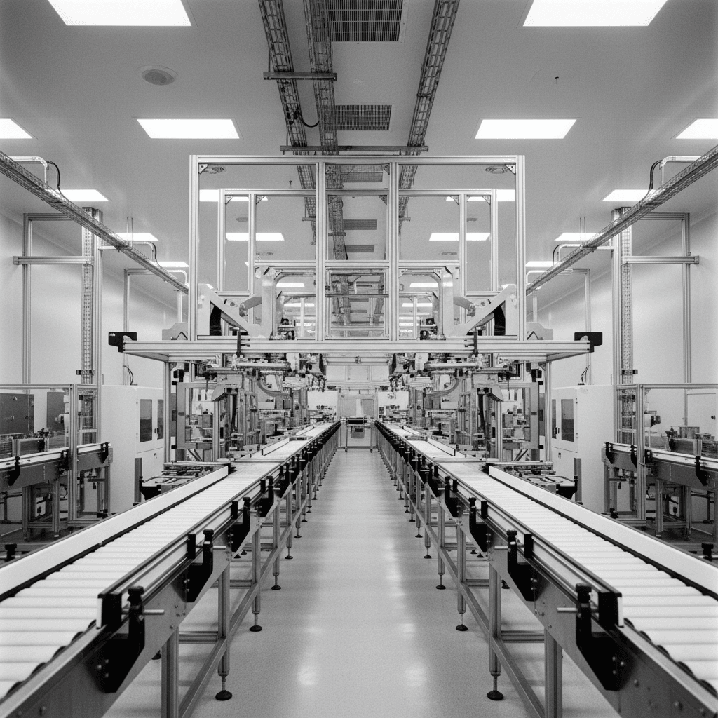 ecc Produktionslinie — perspektivische Sicht auf einen industriellen Förderbandbereich